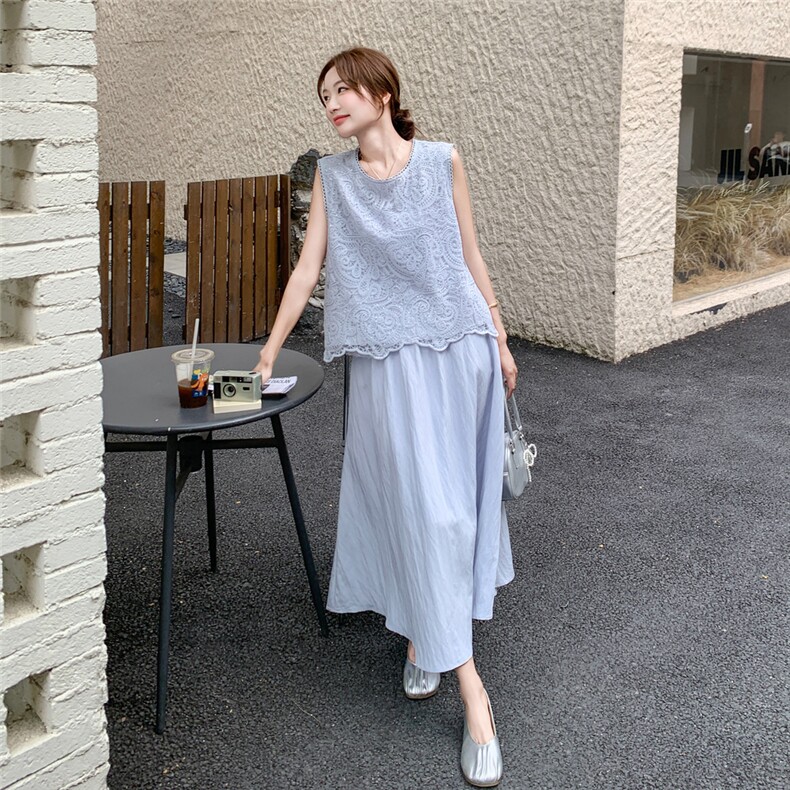 法式灰蓝色蕾丝背心半身裙套装女夏2025新款两件套夏日漂亮巨好看,女装套装/套裙,2C236
