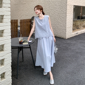 法式灰蓝色蕾丝背心半身裙套装女夏2025新款两件套夏日漂亮巨好看图片