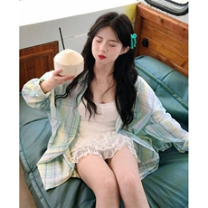 薄荷绿格子衬衫女春秋季2025新款薄款防晒长袖polo领CN253，男装衬衫，星座1116A（原606A-3）