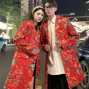 Y001男女中长款休闲风衣外套东北大花帅气外衣潮大码新中式表演出图片