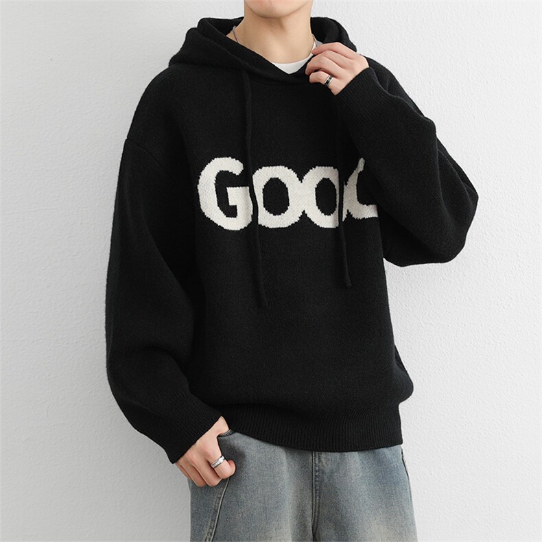连帽毛衣复古套头针织帽衫男GOOD印花潮牌秋冬慵懒风情侣外套,男装针织衫/毛衣,星座914