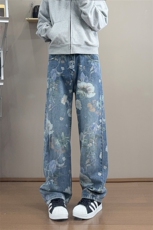 B221美式ins高街小众印花宽松直筒牛仔裤LK25430-特P50控88，男装牛仔裤，电商B221