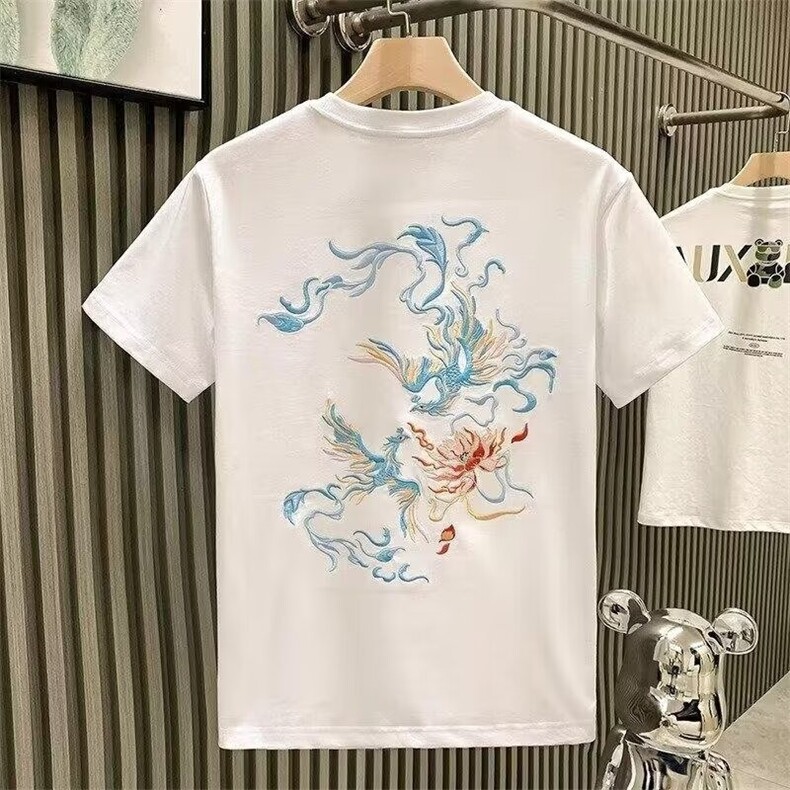 复古风圆领衣服白色刺绣短袖t恤男夏季宽松大码凤凰潮牌重磅,男装T恤,电商B212（原钱塘6029）