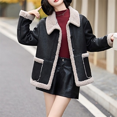 皮毛一体仿羊羔毛外套女短款2024新款秋冬季加绒机车服加厚皮夹克，女装羊羔毛/颗粒绒，潮流依族