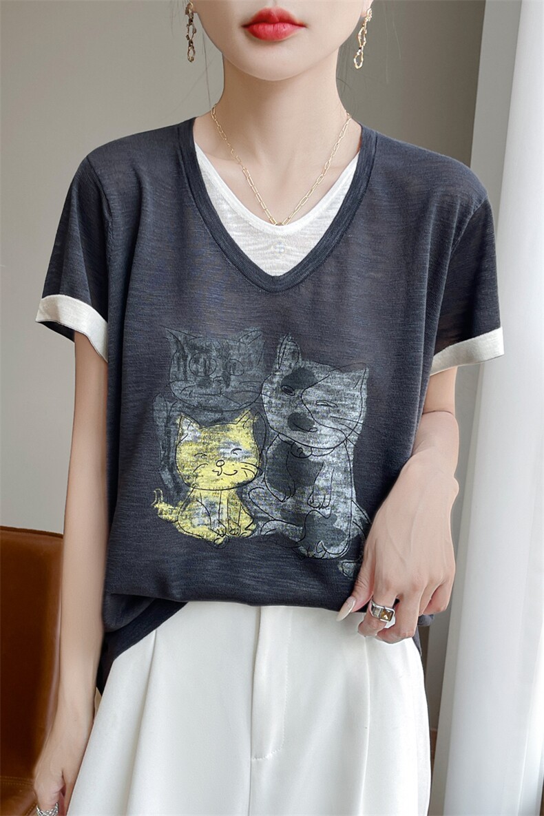 夏季竹节麻双V领假两件猫咪图案短袖女宽松百搭显瘦时尚休闲上衣,女装T恤,暖娇绒包芯纱店