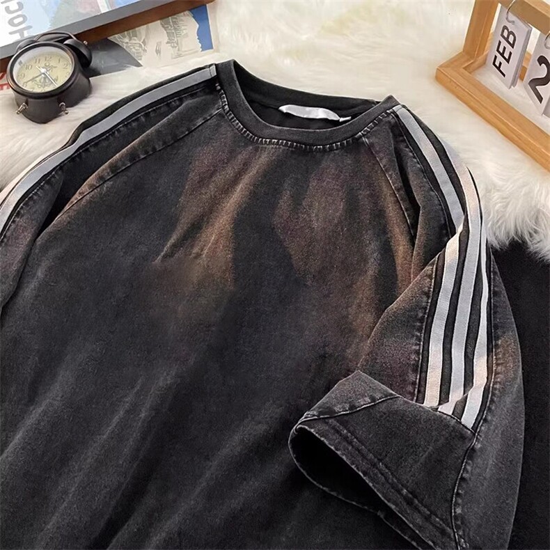 抖音得物高品质240克美式复古潮牌做旧水洗三条杠织带短袖T恤YQ45图片