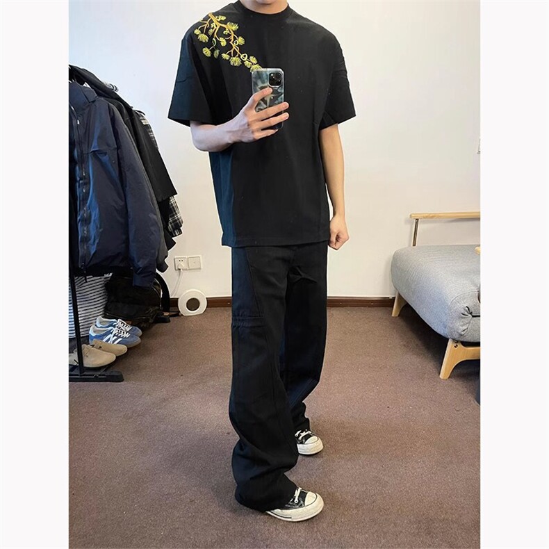 万针全刺绣工艺高品质260克双纱纯棉美式高街罗汉松短袖T恤特P33,男装T恤,电商A486-1