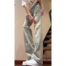 美式复古破洞牛仔裤男黄痞帅炸街高街vibe直筒微喇裤夏L70666-P45，男装牛仔裤，星座1008