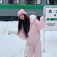 时尚新款粉色休闲外套男女大毛领卫衣宽松减龄外套裤子货号AK135，女装短外套，星座1210-1