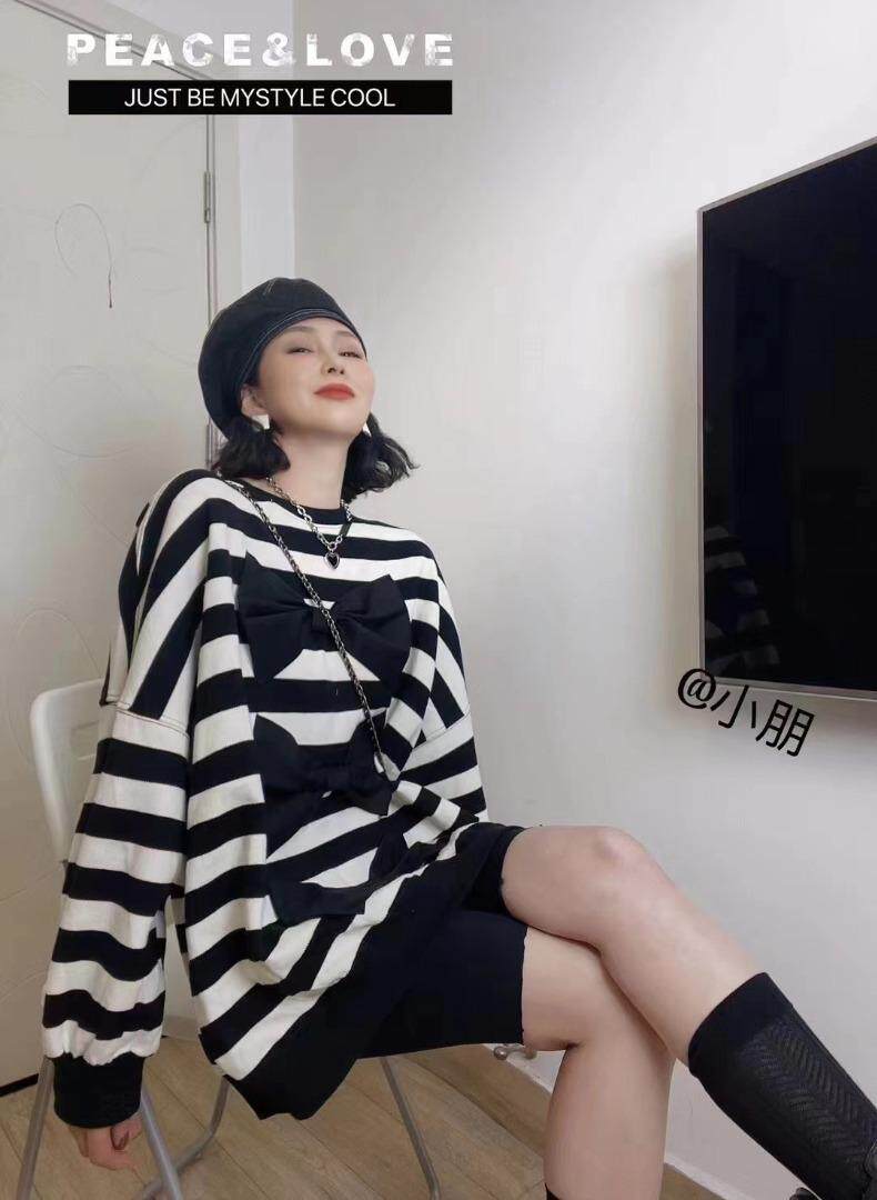 蝴蝶结条纹卫衣，女装卫衣/绒衫，依依莱客