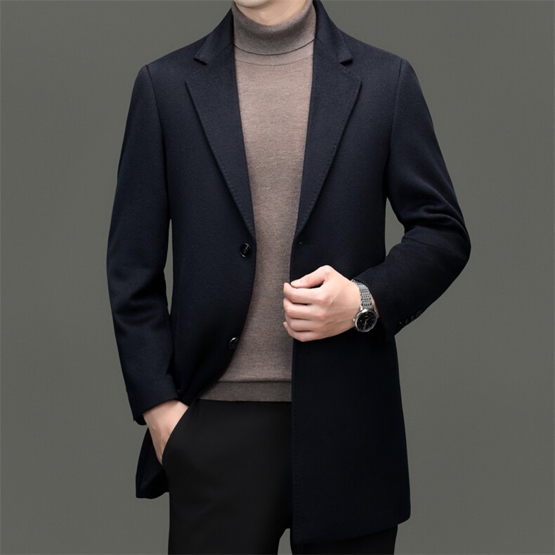 高端中年山羊绒休闲西服大衣男士秋冬中老年中长款山羊绒外套，男装毛呢大衣，钱塘723