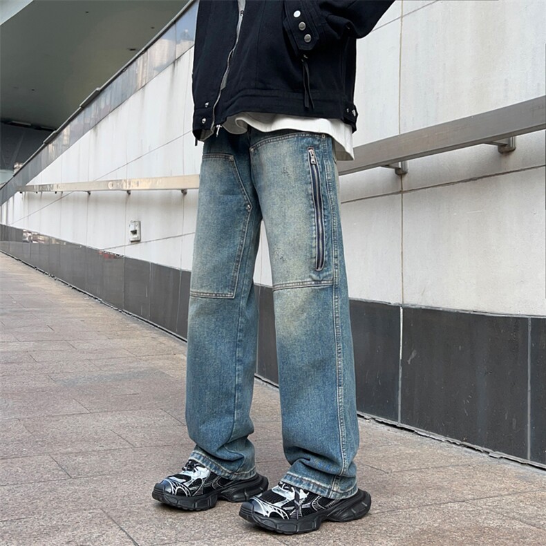 港风秋款男牛仔裤工装拉链大口袋渐变色直筒宽松长裤NK7101 P50图片