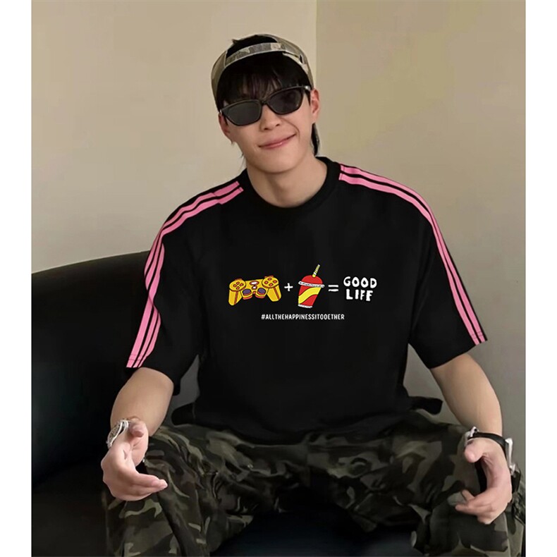 抖音得物品质二开240克宽松纯棉美式潮牌印花三条杠中性风短袖T恤,男装T恤,电商A486