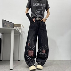 ENJOG美式复古破洞贴布牛仔裤男女2025新款设计感宽松阔腿弯刀裤，男装牛仔裤，星座813-2