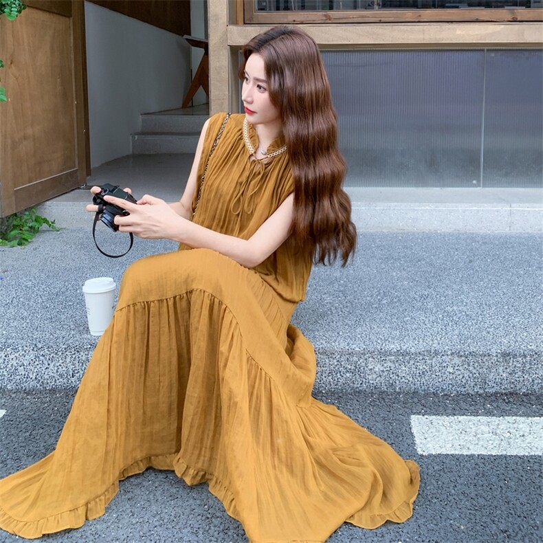 黄色无袖上衣半身裙套装女夏2025新款法式减龄气质长裙两件套爆款,女装套装/套裙,秋水欣儿
