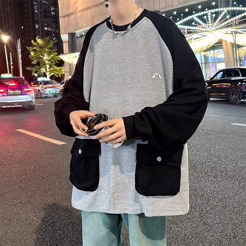秋款男圆领套头卫衣工装大口袋华夫格贴标拼色T恤外套W023-P50,男装T恤,星座1109-3