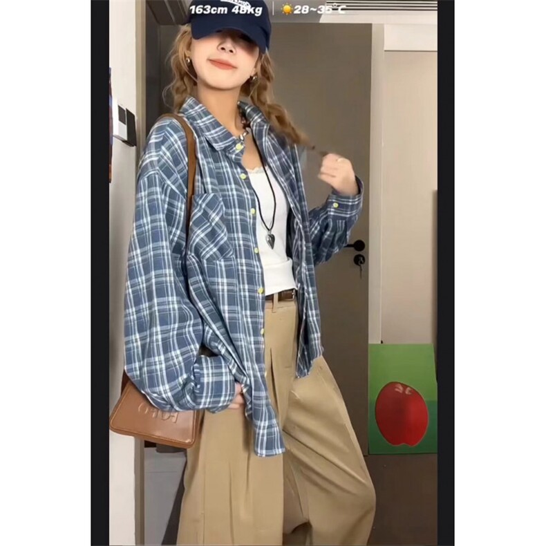 TC679-p45美式复古蓝色格子衬衫女装秋季新款外搭衬衣防晒外套，女装衬衫，星座617A-2