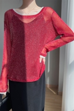 纯欲风假两件圆领防晒罩衫女夏季新款朦胧感星空网纱长袖T恤上衣，女装蕾丝衫/雪纺衫，圣丽羊绒