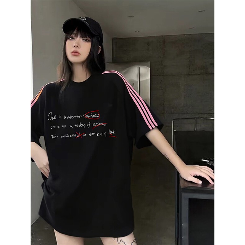 抖音得物品质二开240克宽松纯棉美式潮牌印花三条杠中性风短袖T恤,男装T恤,电商A486-1