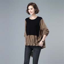 新款拼接宽松长袖T恤大码休闲打底衫，女装T恤，秋牧寒烟