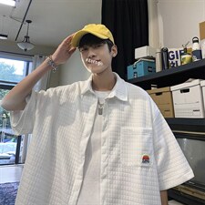 港风短袖衬衫男夏季华夫格衬衣潮流高街宽松五分袖外套CS825-P33，男装衬衫，星座1008