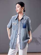 休闲蕾丝拼接牛仔衬衫女夏季欧货大码衬衣2025年新款洋气上衣，女装衬衫，靓衣阁