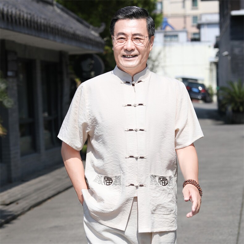 686/P50主推!爷爷短袖唐装上衣老人夏季盘扣刺绣福字衬衫男装,男装衬衫,星座1216（原钱塘722）