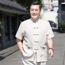 686/P50主推!爷爷短袖唐装上衣老人夏季盘扣刺绣福字衬衫男装，男装衬衫，星座1216（原钱塘722）