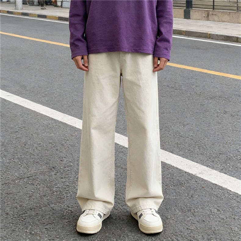 米白色纯棉裤子男生日系穿搭高级感阔腿裤宽松百搭休闲裤YZ31-P45,男装棉裤,星座509