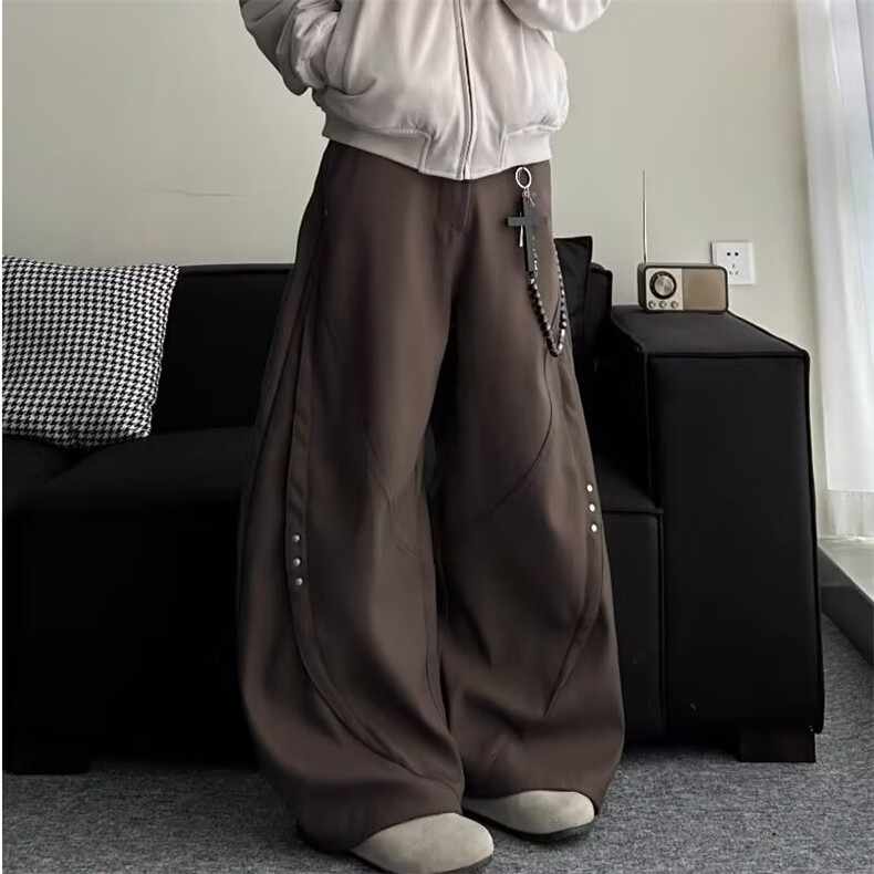 韩版小众铆钉立体廓形弯刀裤男春秋美式垂感宽松阔腿拖地裤XX331,男装休闲裤,星座208-5