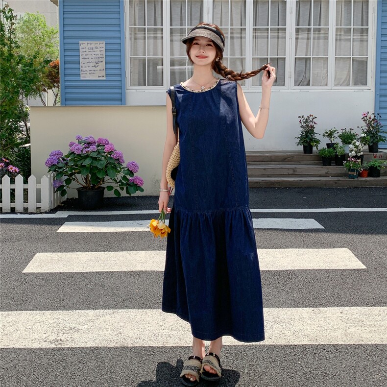 韩系轻薄无袖牛仔背心裙女2025夏民族花边宽松显瘦减龄纯欲连衣裙,女装连衣裙,2C159