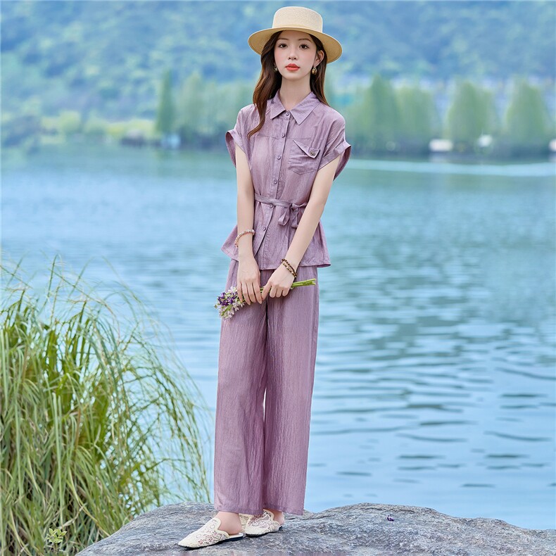 2026年夏季新款时尚收腰文艺风系带阔腿裤套装,女装套装/套裙,依恋蒂丝