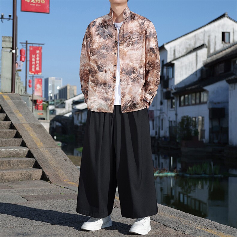 新中式防晒服小众欧根纱提花流苏大理纹轻薄透气半透明盘扣衬衫,男装衬衫,星座305A（原312A-1）