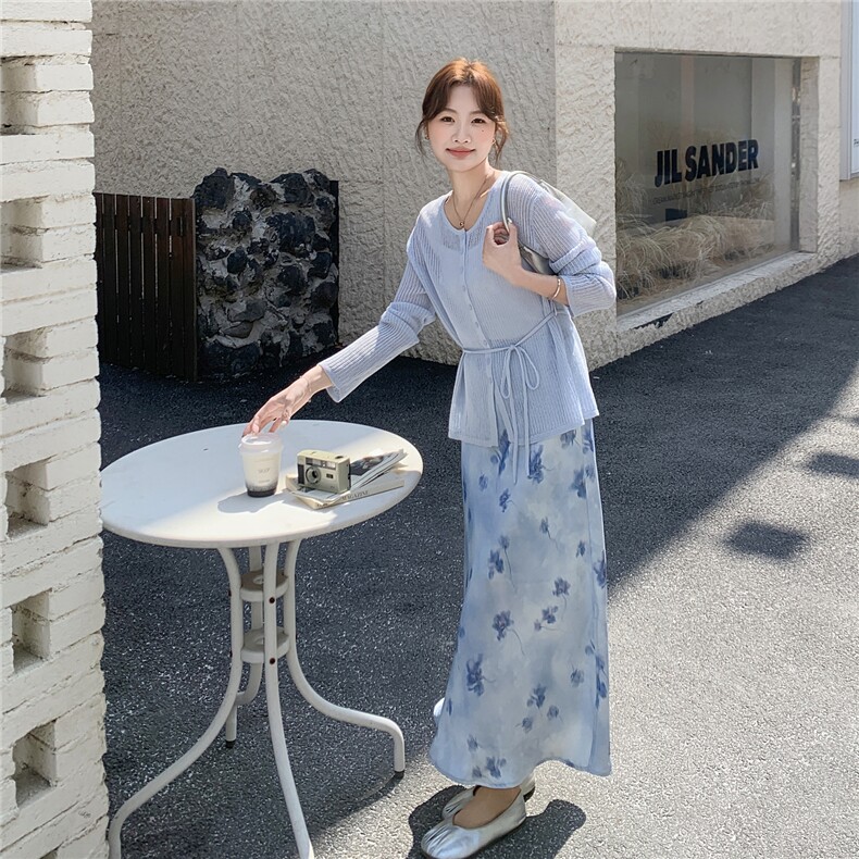 法式温柔风针织开衫印花半身裙两件套女春夏气质氛围感穿搭A字裙,女装套装/套裙,维壹