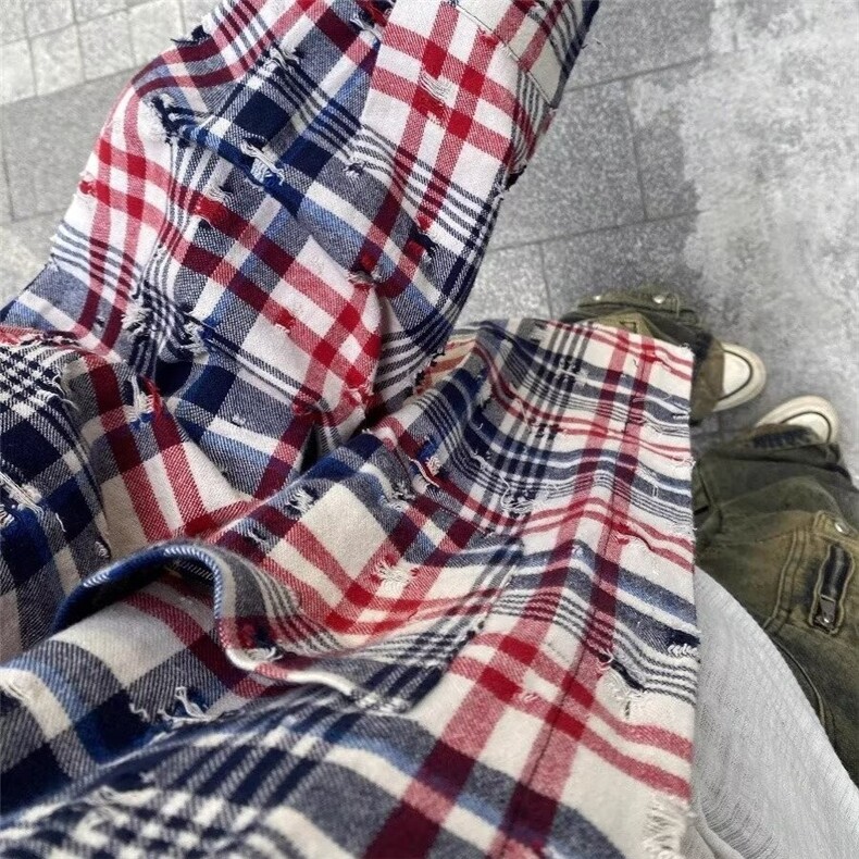 春季美式格子长袖衬衫男女新款磨破休闲宽松情侣外套潮LB4077-P45,男装衬衫,星座1008