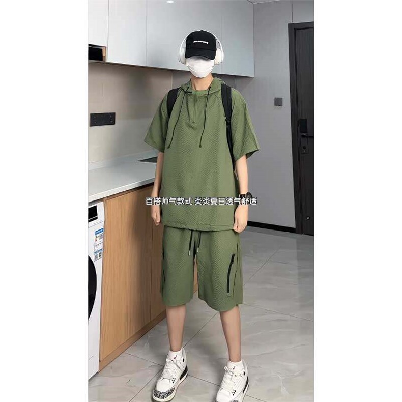 夏季新款连帽泡泡纱防晒套装新款短袖百搭宽松T恤套装TZ558P50，男装防晒衣，电商A128