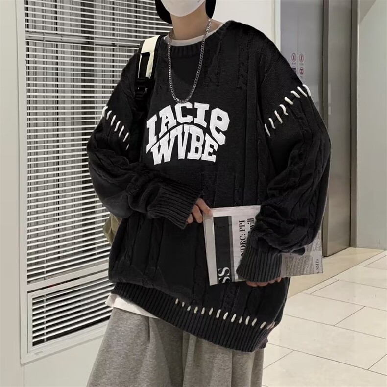 2023秋冬潮美式赤焰字母印花长袖T恤情侣款港风ins嘻哈宽松,男装针织衫/毛衣,星座716-4