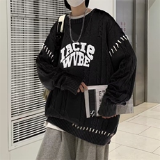 2023秋冬潮美式赤焰字母印花长袖T恤情侣款港风ins嘻哈宽松，男装针织衫/毛衣，星座716-4
