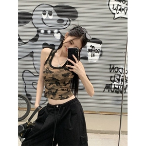W9656-P28网图现货美式辣妹短款迷彩吊带背心女夏季内搭美背