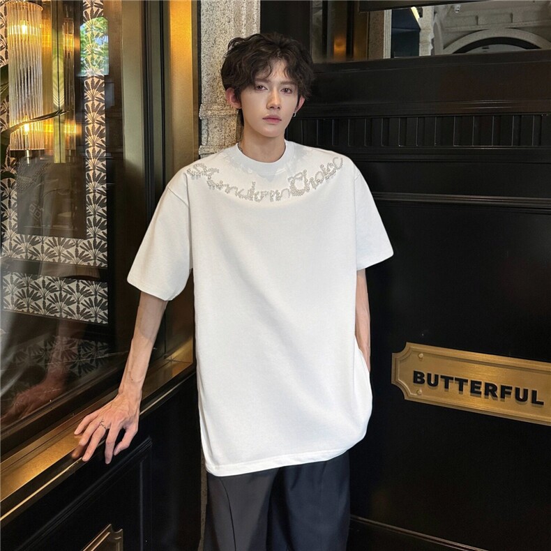 Q349-P40街头小众纯棉重磅t恤短袖男女钉珠工艺痞帅百搭宽松上衣,男装T恤,星座911-1