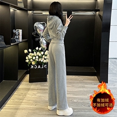 时尚显瘦加绒连帽卫衣阔腿裤两件套女冬季新款休闲套装，女装套装/套裙，江南