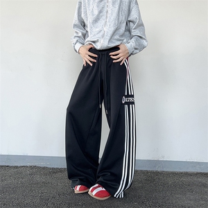 美式双腰头字母印花男女卫裤宽松休闲侧条纹阔腿抽绳裤K0862-P53图片