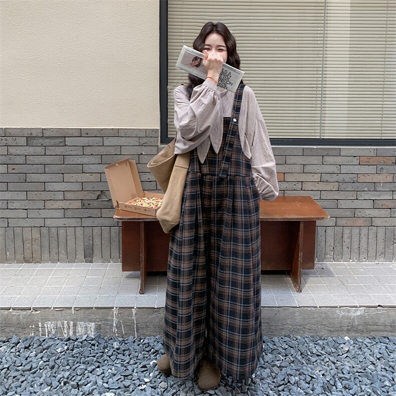 慵懒松弛感格子背带裤衬衣显瘦套装女2025年春秋季新款韩系两件套,女装套装/套裙,2C007