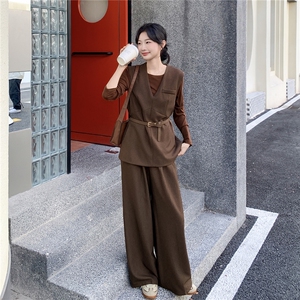 高级轻熟风穿搭咖色马甲套装女2025春秋超火好看阔腿裤气质三件套图片