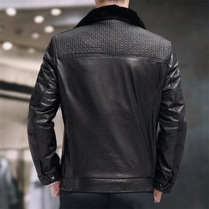 BIJ2505冬季海宁真皮羽绒服男山羊皮夹克翻领时尚男装机车皮衣图片