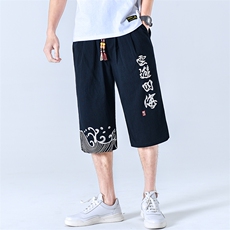 夏季男士休闲裤七分短裤棉麻刺绣直筒中裤潮流男装A266-1-K09-P50，男装休闲裤，电商A266-1