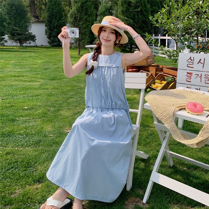 浅蓝色休闲套装裙女2025夏季新款法式设计感压褶背心半身裙两件套,女装套装/套裙,2C135
