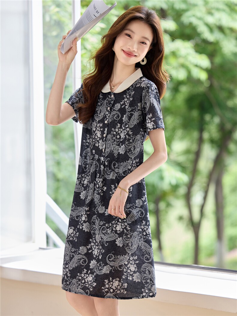 时尚撞色翻领印花连衣裙女2026夏新款宽松显瘦复古气质休闲衬衫裙,女装连衣裙,简韵佳