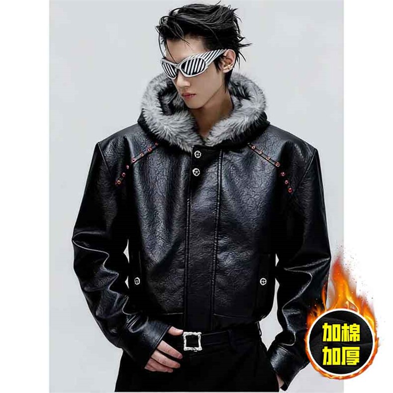 现货冬季美式潮牌痞帅PU皮机车服棉衣毛毛绒狼王座山雕皮棉服，男装棉衣，电商A486