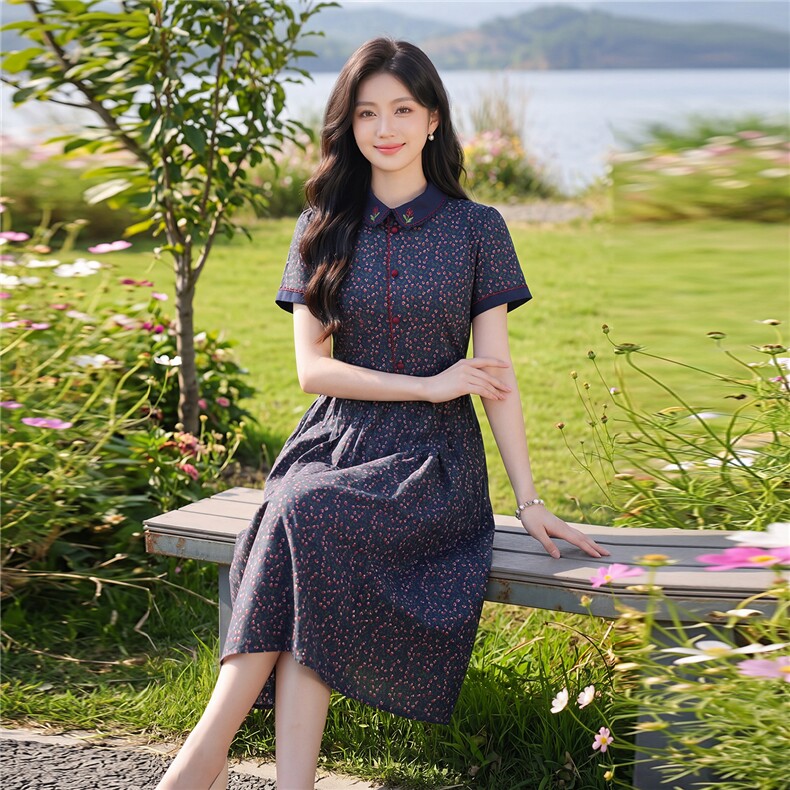 田园风斜领碎花刺绣连衣裙女春夏收腰显瘦中长裙,女装连衣裙,水衣源